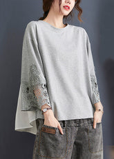 Frauen Grau Rüschen Spitze Patchwork Baumwolle Tops Frühling